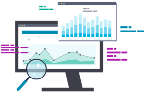 Computer with data and charts.