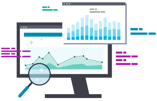 Computer with data and charts.