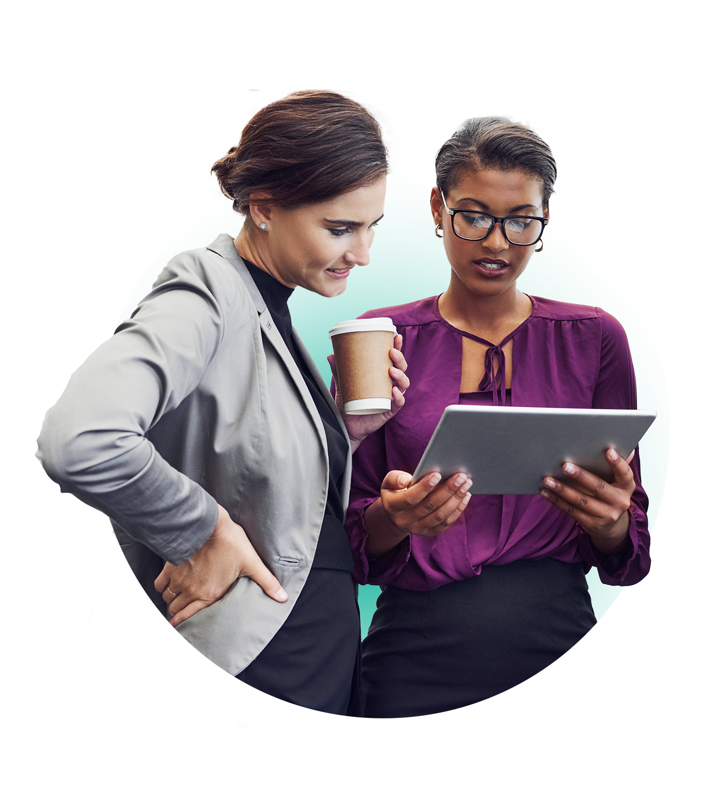 females tablet hero-circle_2011339250 Two HR employees looking at performance management software on tablet.