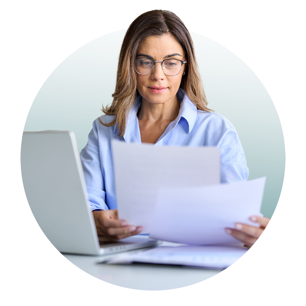 HR employee working on performance management software.